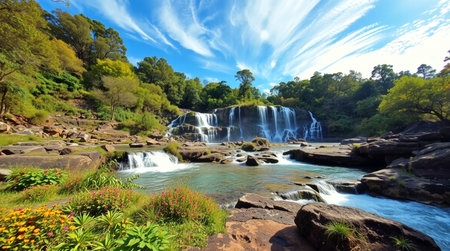 Waterfall in the national park of Sri Lanka. Beautiful natural landscape.の写真素材
