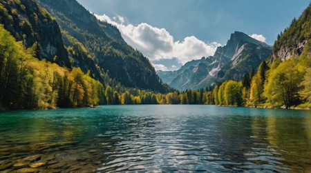 Panoramic view of the alpine lake Obersee, Switzerlandの写真素材