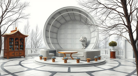 3D render of a fantasy interior with a round stage and a bench.の写真素材