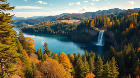 Beautiful autumn landscape of mountain lake with colorful forest and waterfall.の写真素材