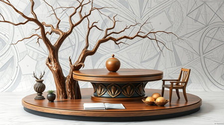 Wooden table with vase and chair. 3D rendering.の写真素材