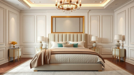 3d rendering luxury classic bedroom suite in hotel with gold and white walls