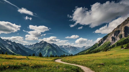 panoramic view of alpine meadow and blue sky with cloudsの写真素材