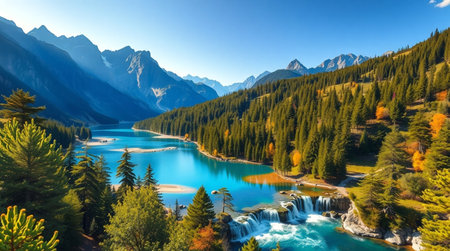Beautiful autumn landscape with turquoise water of mountain lake.の写真素材