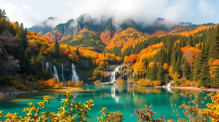Autumn alpine landscape with a waterfall in Jiuzhaigou, Chinaの写真素材