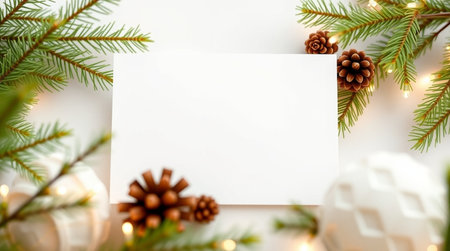 Christmas greeting card mockup with fir branches, pine cones and garland on white background