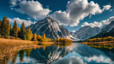 Mountain lake with reflection of mountains and clouds. Beautiful autumn landscape.の写真素材