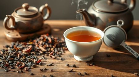 Cup of tea and teapot on wooden table, closeup