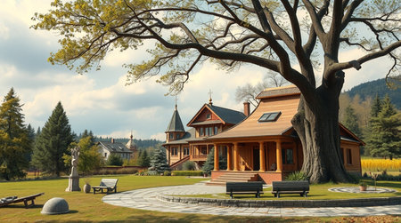 Beautiful wooden house in the park with big tree and bench.の写真素材
