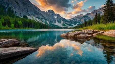 Mountain lake in the Rocky Mountains of Canada. The concept of active and photo tourismの写真素材