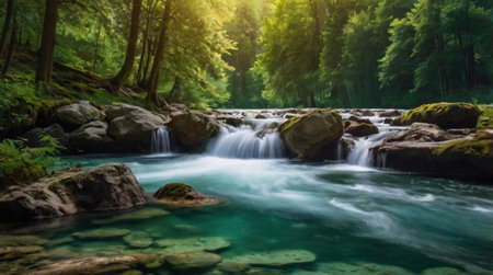 Waterfall in the forest. Beautiful summer landscape with a waterfall.の写真素材
