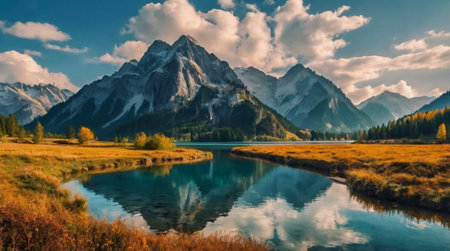 panoramic view of autumn alpine lake with reflection of mountainsの写真素材