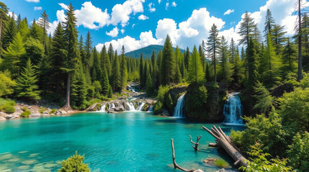 Beautiful view of turquoise emerald water of waterfall in Altai Republic, Russiaの写真素材