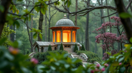 Garden with gazebo in the middle of the forestの写真素材