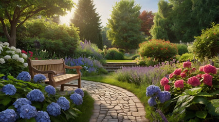 Beautiful garden with hydrangeas and wooden bench at sunsetの写真素材