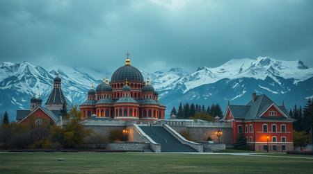 A panoramic shot of a church surrounded by snow covered mountains
