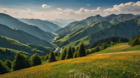 Panoramic view of the mountain valley in the Austrian Alps.の写真素材