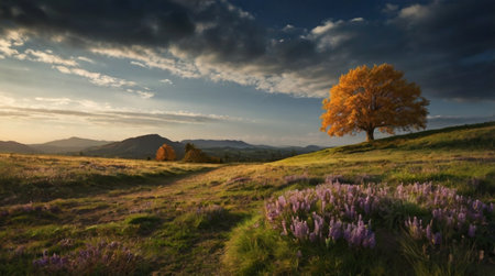 Autumn landscape with a lone tree on the hillside in the eveningの写真素材