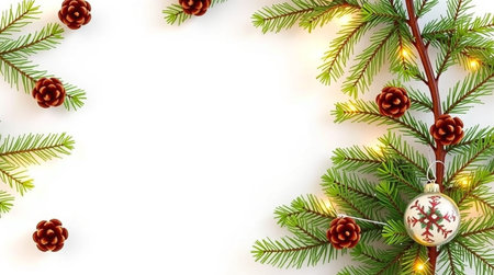 Christmas background with fir branches, pine cones and Christmas balls on a white background