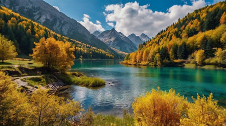 Panoramic view of beautiful alpine lake in autumn season with yellow and green foliage.の写真素材