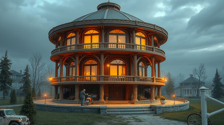 Gazebo in the courtyard of the hotel in the eveningの写真素材