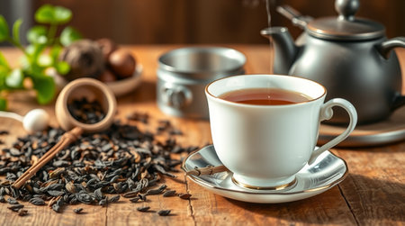 Cup of black tea and teapot on a wooden tableの写真素材