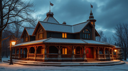 Wooden house in the park on a winter evening. Russia.の写真素材