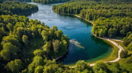 Aerial view of beautiful green forest and river. Beautiful nature landscapeの写真素材