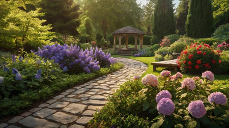 Beautiful garden at sunset with a gazebo and flowersの写真素材