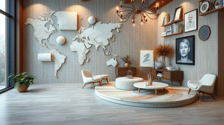 3d rendering interior of living room with world map on the wallの写真素材