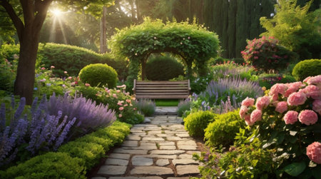 Beautiful summer garden with blooming flowers and bench in the sunlightの写真素材