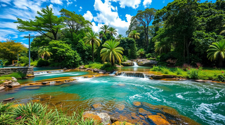 Beautiful tropical waterfall in the jungle. Panorama of a waterfall in the jungle.の写真素材