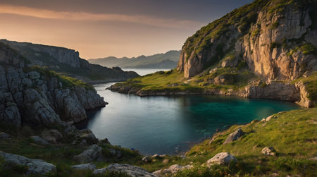 Panoramic view of the sea and mountains.の写真素材