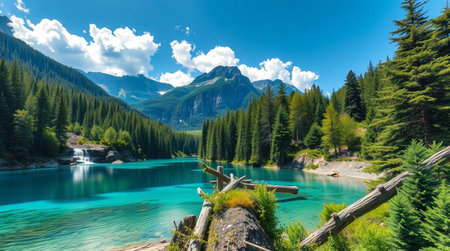 Beautiful emerald lake in the mountains of the Alps in summerの写真素材