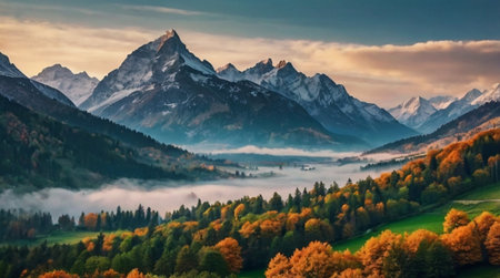 Foggy morning in the alps. Beautiful autumn landscape.の写真素材