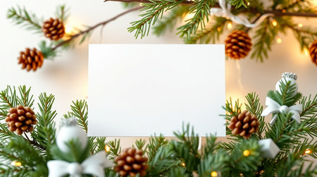 Christmas greeting card mockup with pine branches and christmas decorations.の写真素材