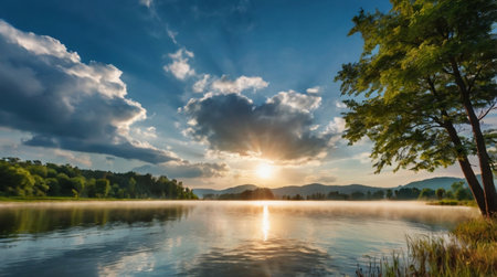 Sunset at the lake in the mountains. Beautiful summer landscape.の写真素材