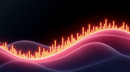 abstract 3d illustration of sound wave on dark background with neon lightsの写真素材