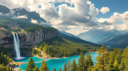 Panoramic view of Lake Louise in Banff National Park, Alberta, Canadaの写真素材