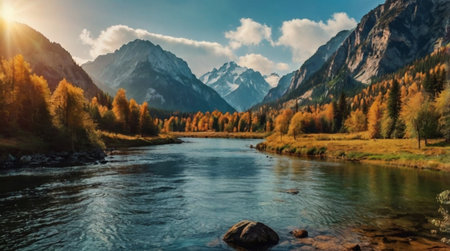 Panoramic view of autumn alpine landscape with river and mountains.