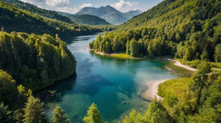 Aerial view of the beautiful mountain lake in the Carpathian mountains.の写真素材