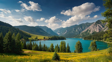 panoramic view of turquoise lake in mountains on sunny dayの写真素材