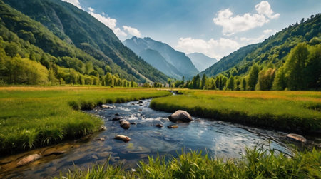 Panoramic view of a mountain river in the summer. Beautiful nature landscape.の写真素材