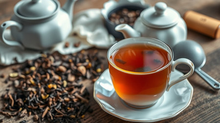 Tea cup and teapot on a wooden table. Selective focus.の写真素材