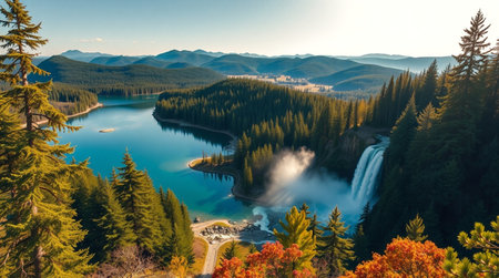 Panoramic view of the beautiful lake and waterfall in the mountains.の写真素材