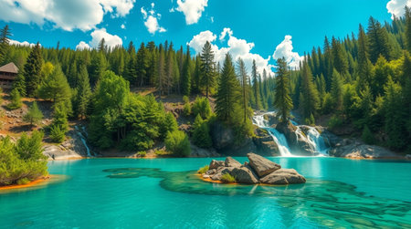 Panoramic view of turquoise emerald water of mountain lake in the forest.の写真素材