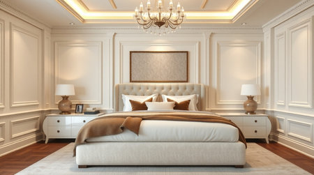 3d rendering luxury classic bedroom suite in hotel with beige wallsの写真素材
