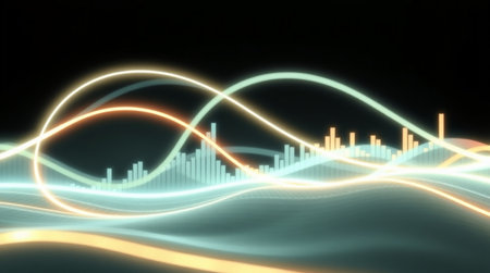 Futuristic equalizer with glowing lines and bokeh. Abstract background. 3d rendering