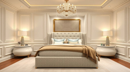 3D rendering luxury bedroom suite in classic style with gold frame on wallの写真素材