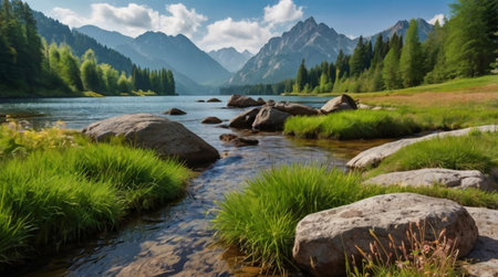 Panoramic view of the mountain lake in the Tatra Mountainsの写真素材
